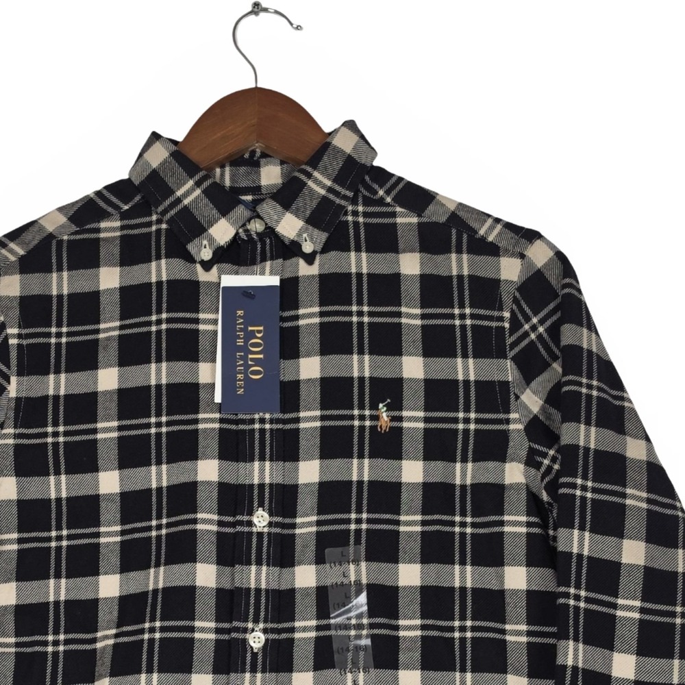 NWT Polo Ralph Lauren Boys Plaid Flannel Button Down Shirt Black Cream L 14-16